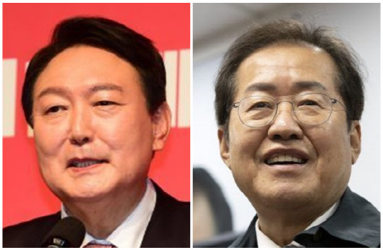 윤석열(왼쪽) 국민의힘 대선 후보와 홍준표 국민의힘 의원. <연합뉴스>